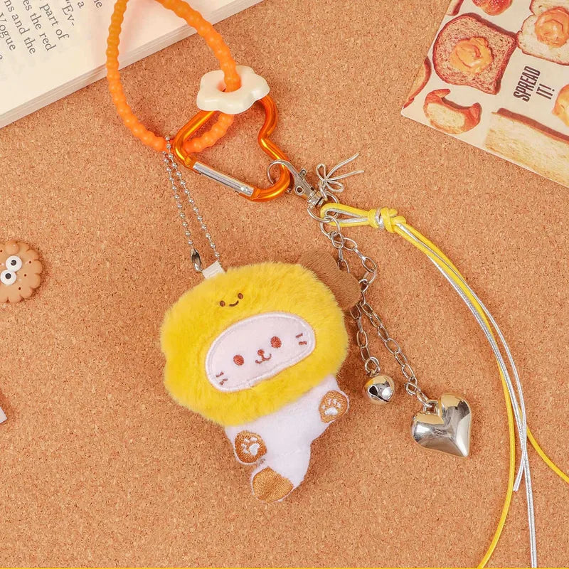 White Cat Tempura Hat Yellow Heart Carabiner Silver Key Charm