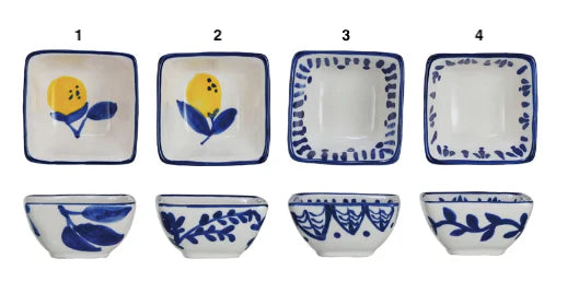 3" Square Hand-Painted Stoneware Dish W/ Lemons, White, Blue & Yellow, 4 Styles