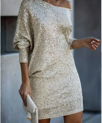 Apricot Long sleeves Contrast Sequin Solid Dress