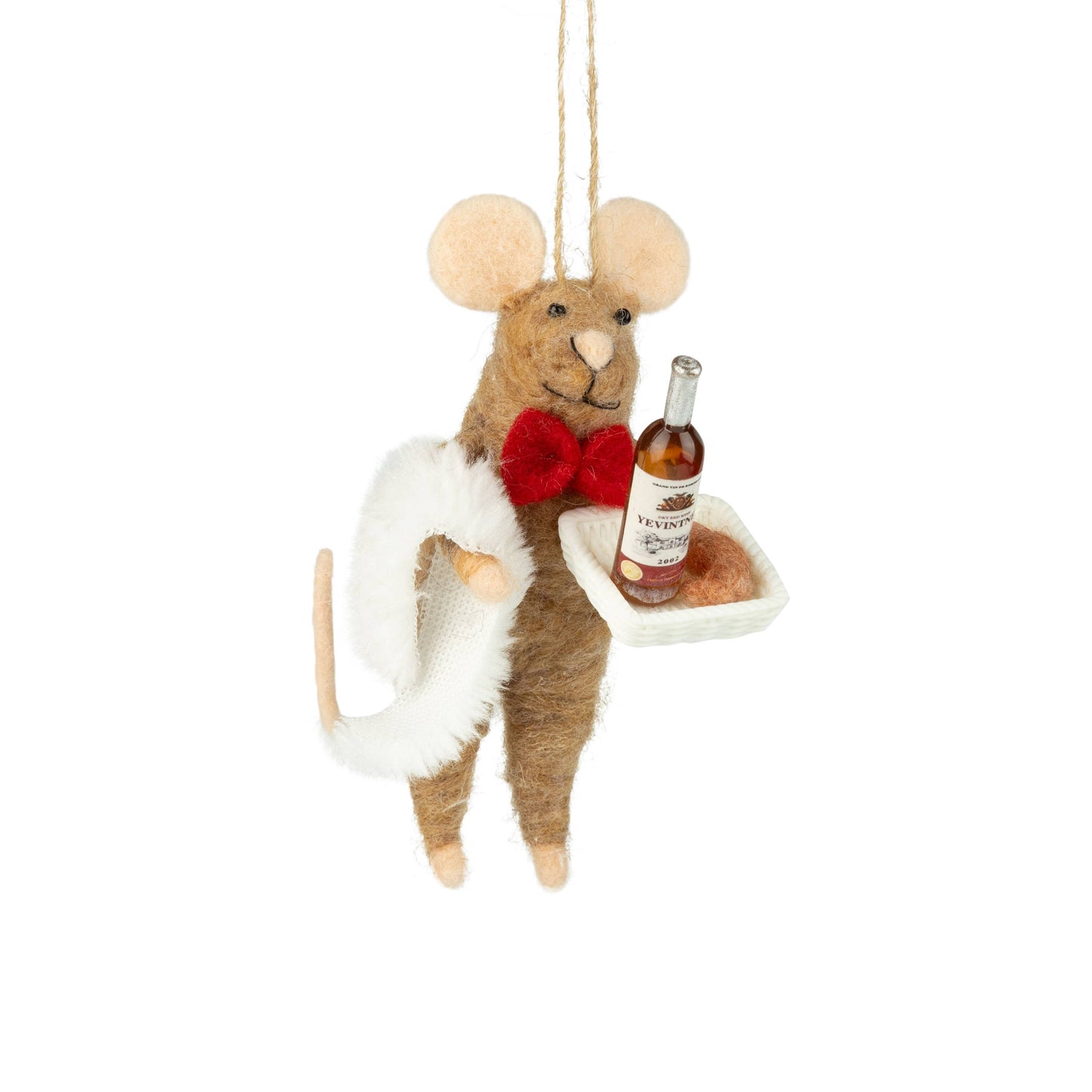 Felt Mouse Ornament : Felt Waiter Mouse with Bowtie and carrying a wine tray