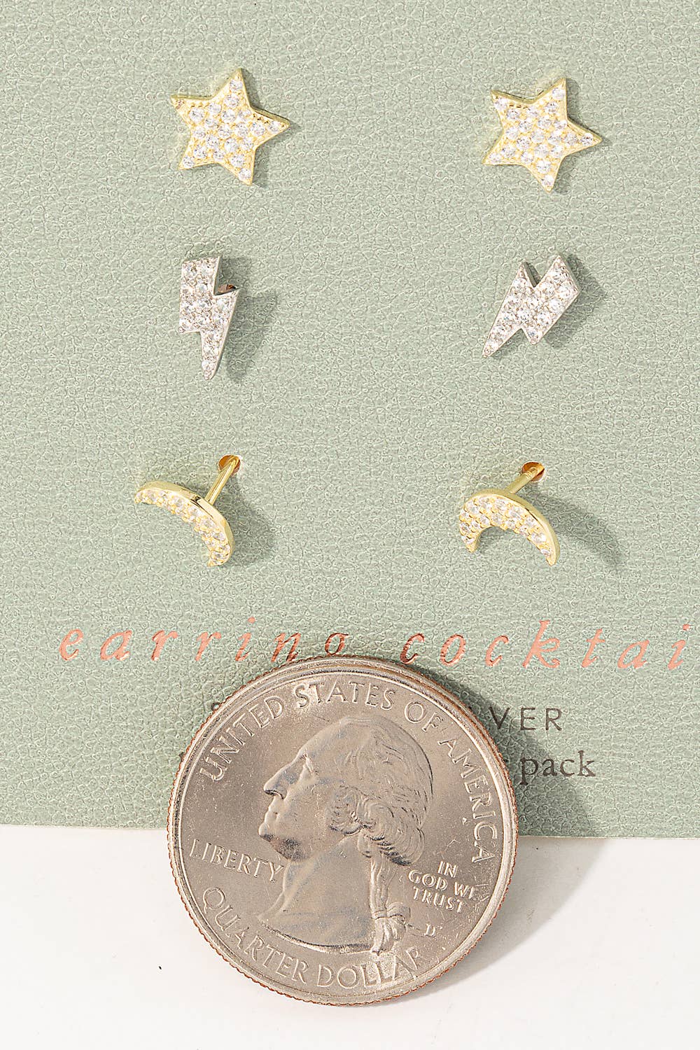 Sterling Silver Pave Moon Lightning Star Stud Earring Set