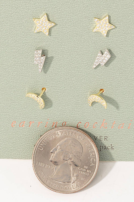 Sterling Silver Pave Moon Lightning Star Stud Earring Set