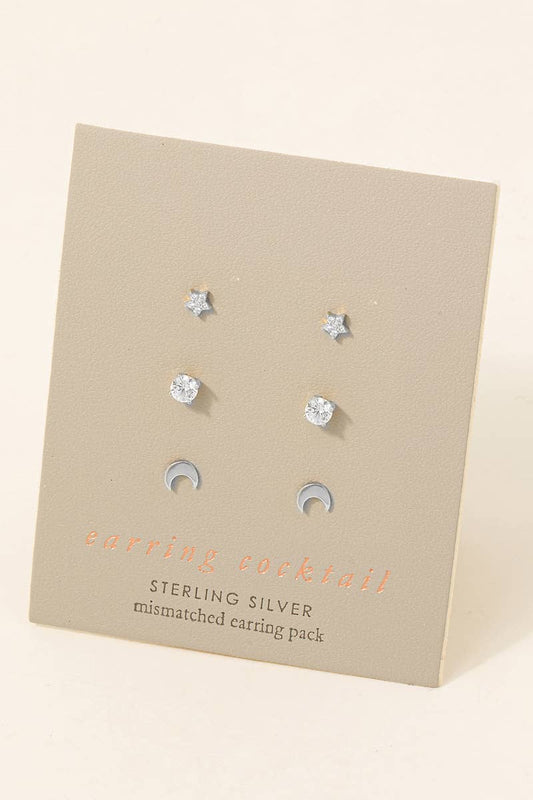 Sterling Silver 3 Piece Stud Earrings Set