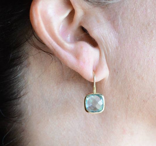Gold cushion cut Blue Topaz earrings