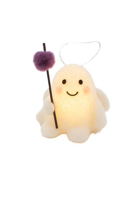 Felt ghost Light up Ornament with purple sack on pole
