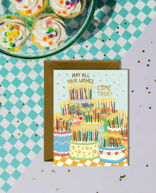 Many Wishes Retro Vintage Birthday Cakes Card *Foil Stamped*