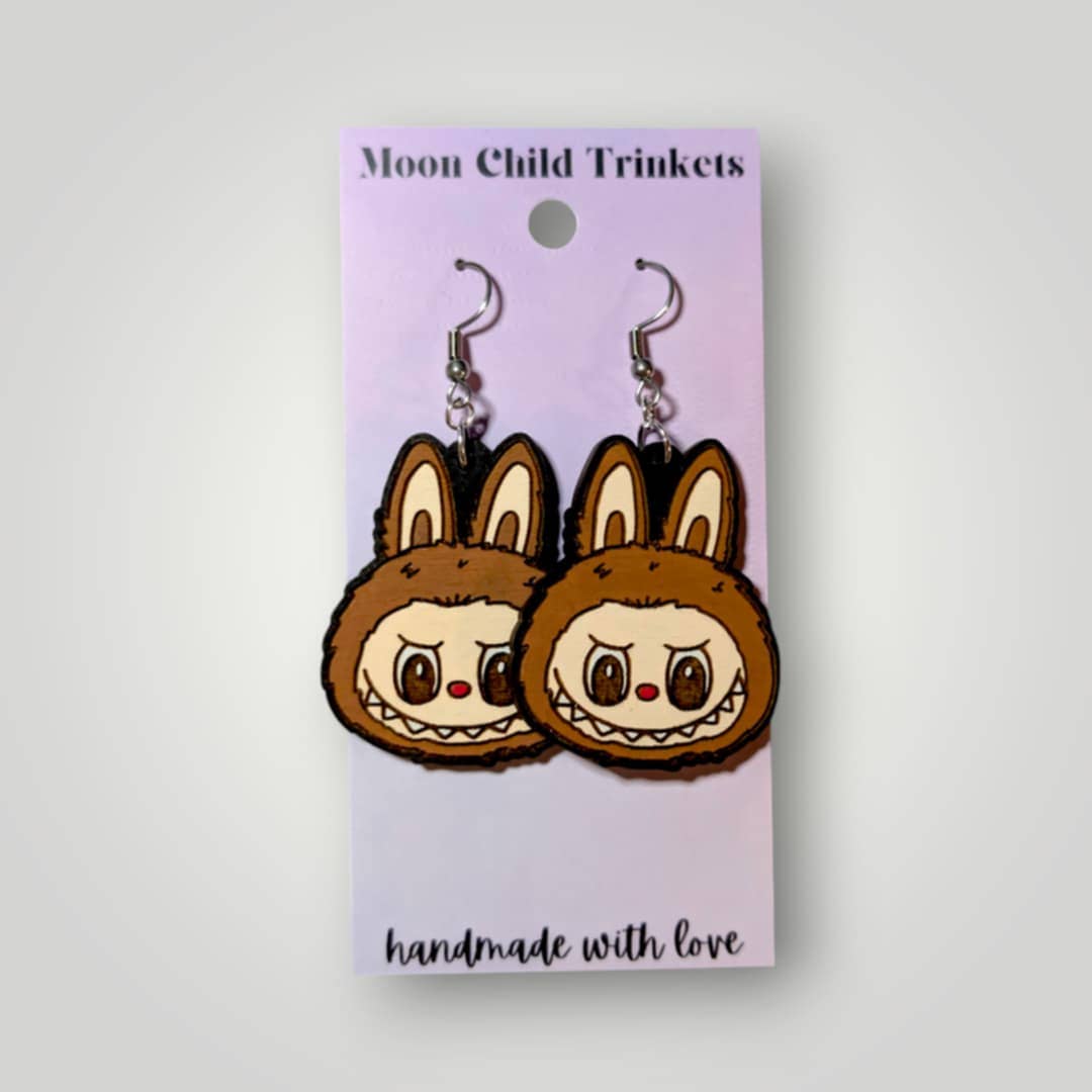 Labubu Monster Head Hand Painted Wood Earrings