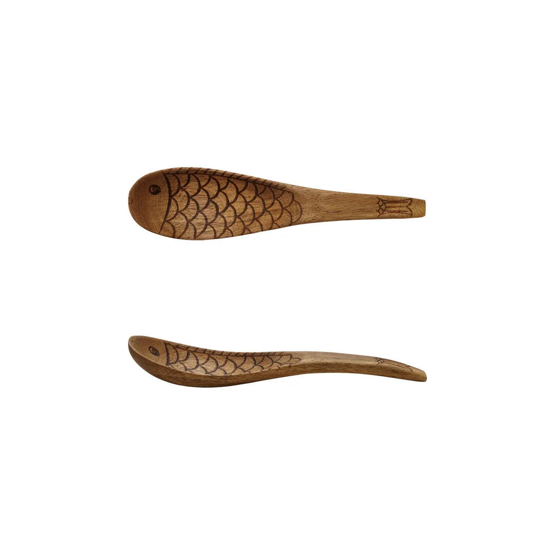 6"L Acacia Wood Spoon w/ Carved Fish Design, Natur