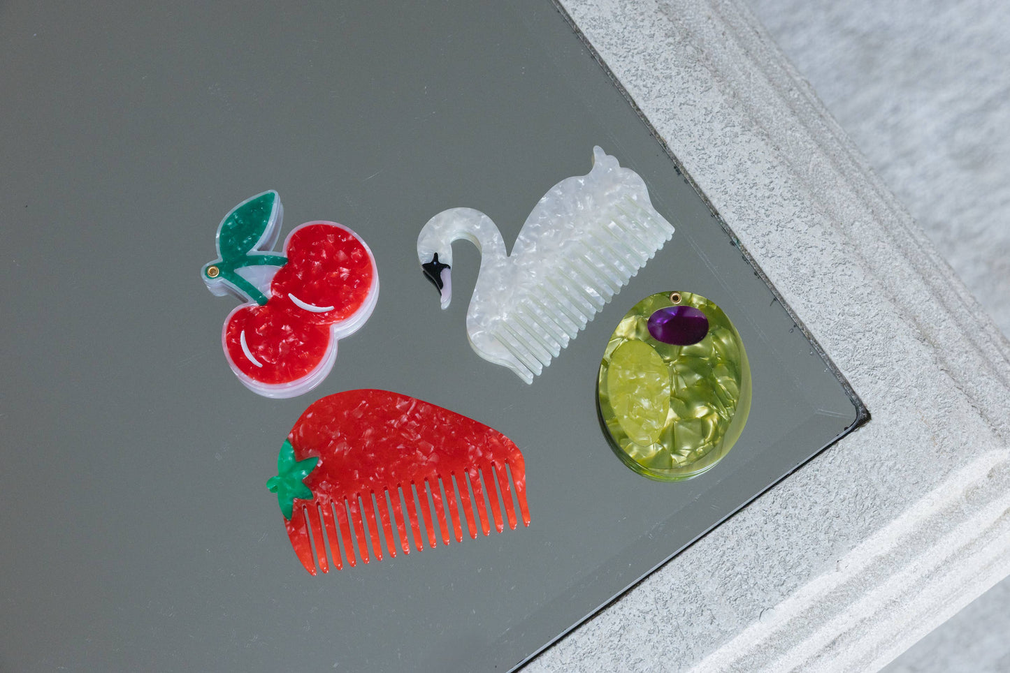 Swing-Hinge Folding Compact Mirror - Cherries - Red & Green