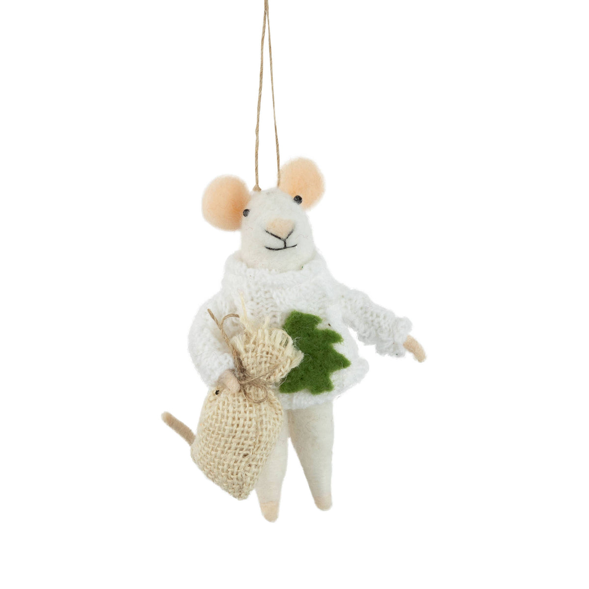 A13622:Felt mouse orn in a white sweater, 4.75 in
