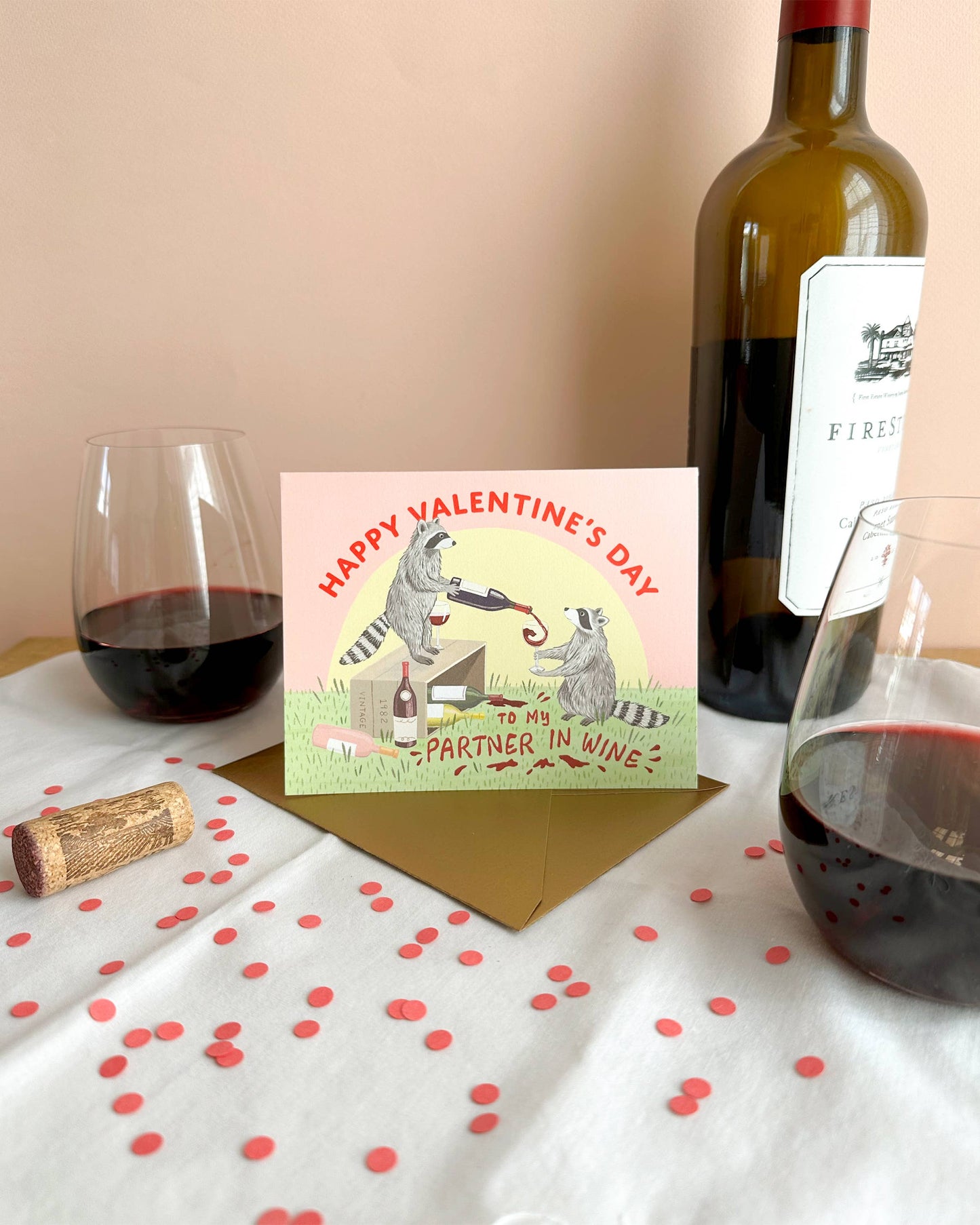 Raccoon Partner in Wine Valentine Card