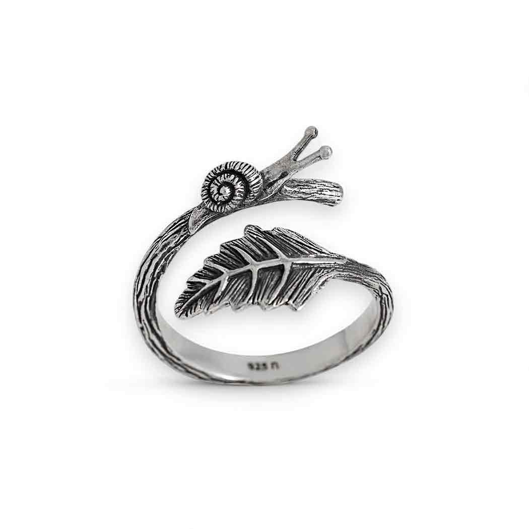 Sterling Silver or Bronze Adjustable Snail and Leaf Ring