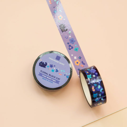 PET Tape (Transparent) Floral Black Cat