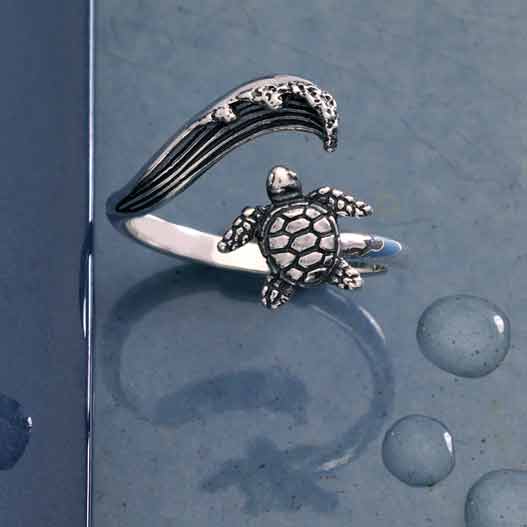 Sterling Silver or Bronze Sea Turtle & Wave Adjustable Ring