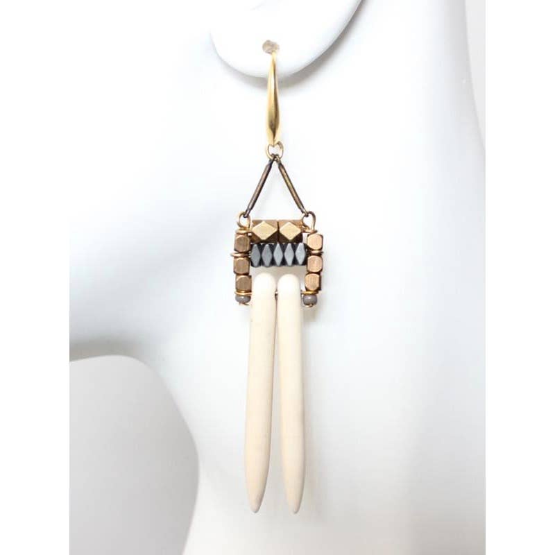 KMLE35 Geometric white spike and hematite earrings