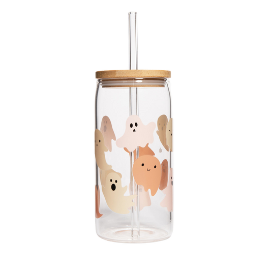 Ghosts 17 oz Can Glass w/ Straw & Lid - Halloween Gift