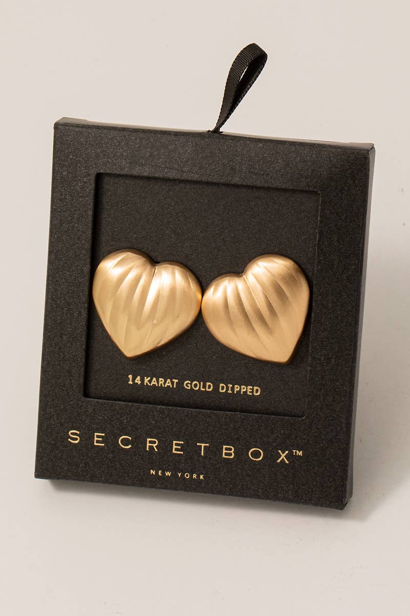 Secret Box Brushed Gold Dipped Heart Shield Stud Earrings