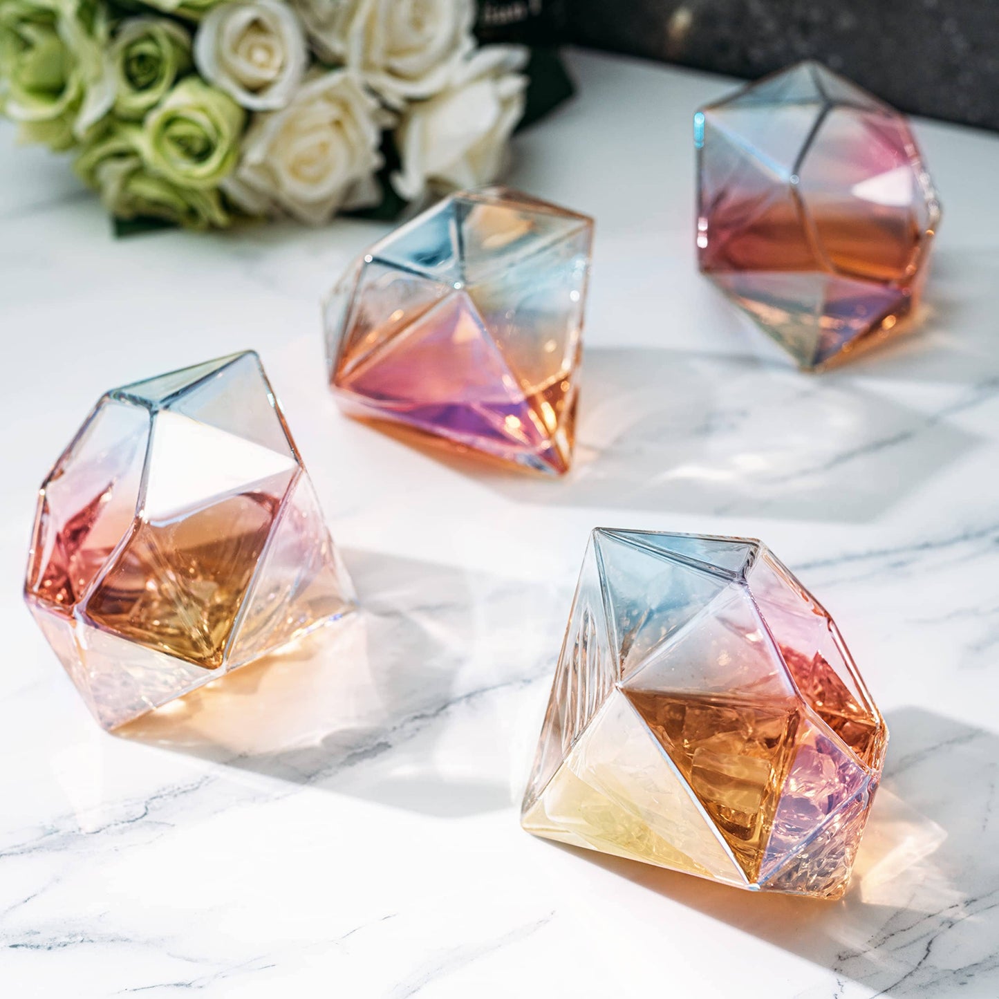 Set of 4 Iridescent Diamond Whiskey & Wine Glasses 10oz