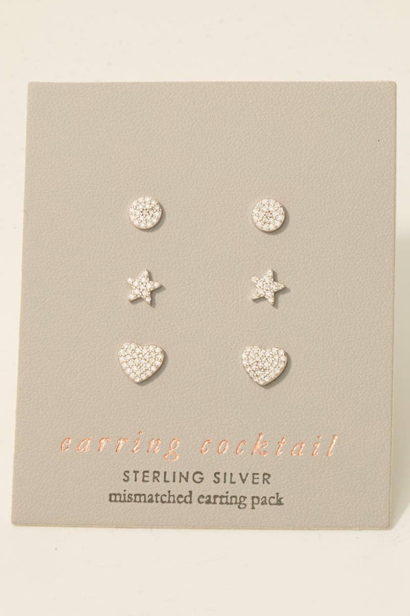 Sterling Silver Cz Pave Star Heart Disc Stud Earrings Set