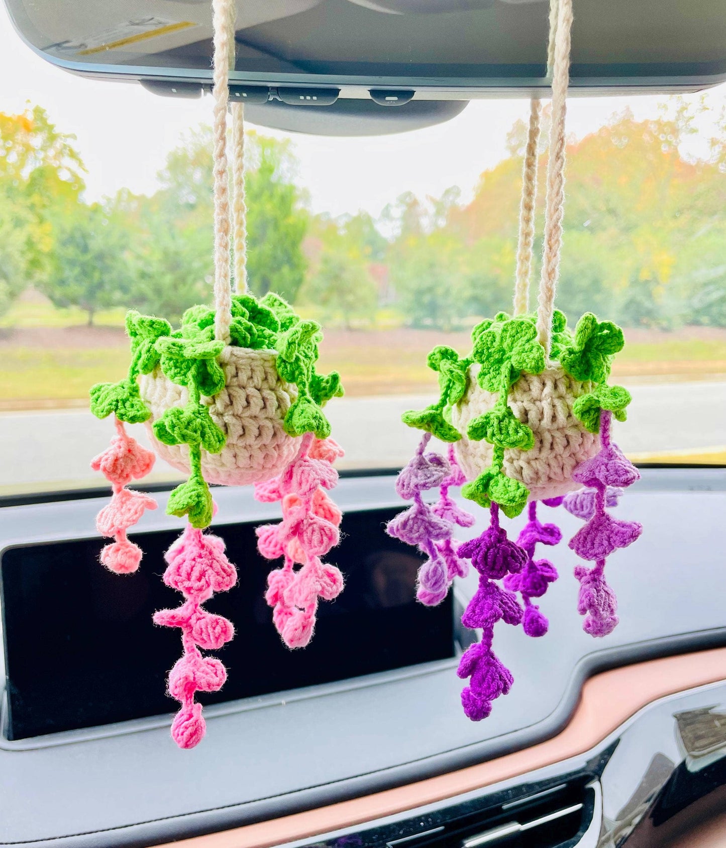 Crochet Flowers Car Hanging Plant, Rearview Mirror Decor
