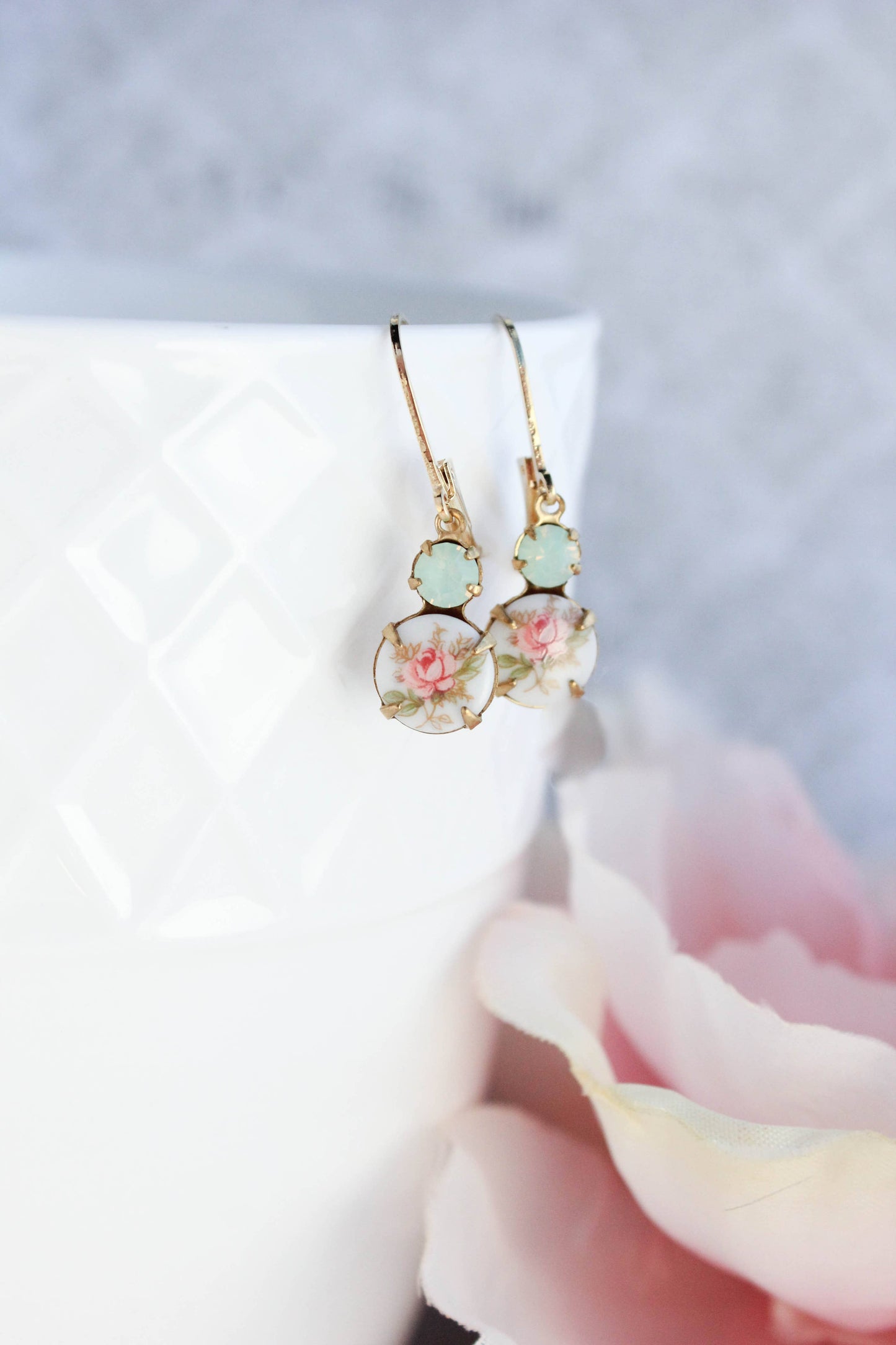 Small Drop Earrings - Vintage Glass - Pink Rose and Mint