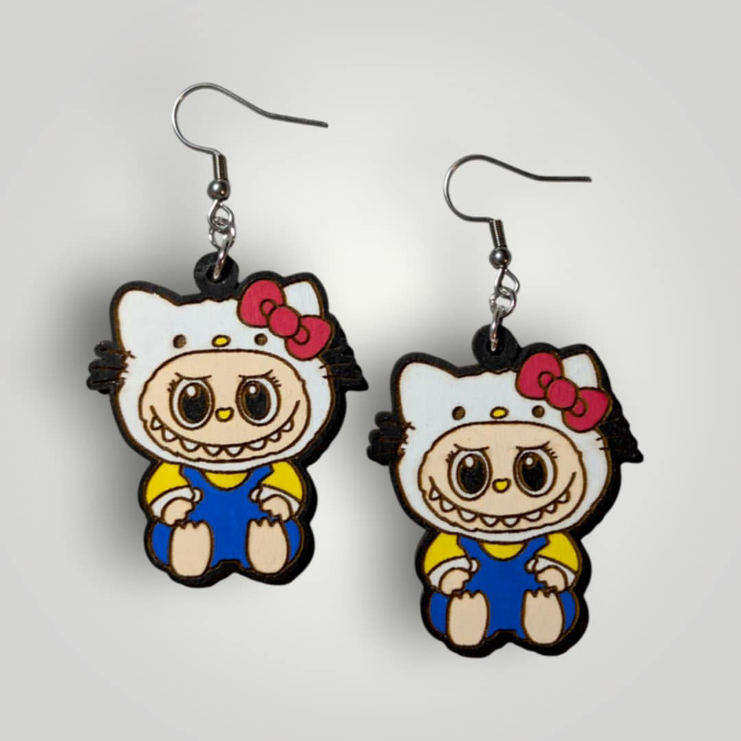 Kitty Labubu Hand Painted Wood Dangle Earrings