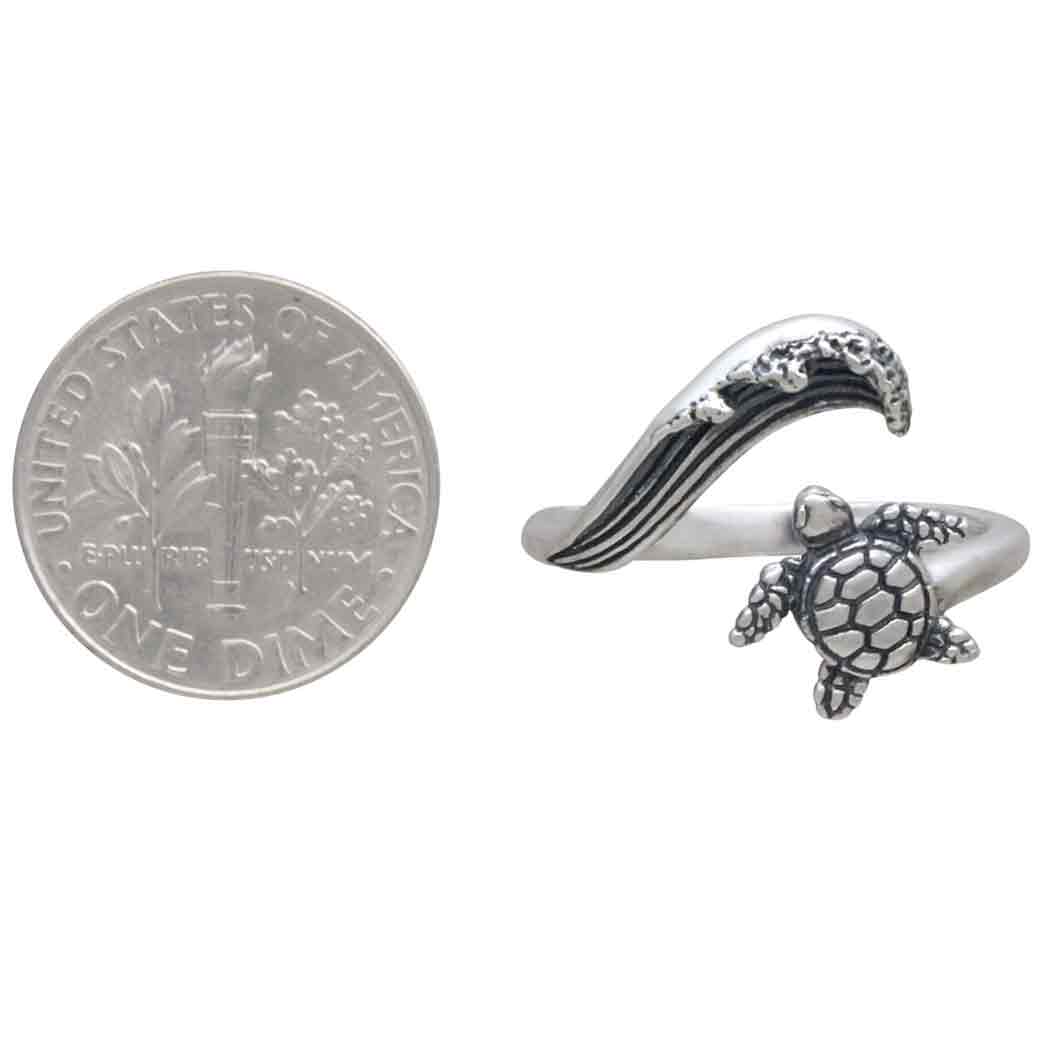 Sterling Silver or Bronze Sea Turtle & Wave Adjustable Ring
