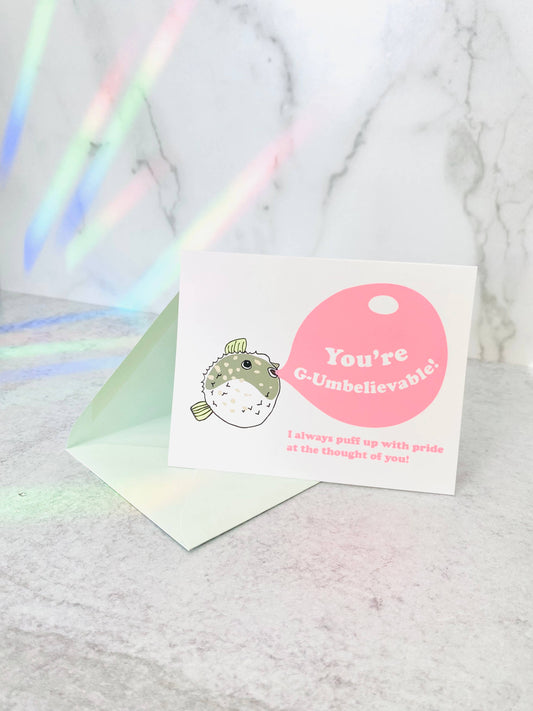 You're G-Umbelievable Puffer Fish Pink Foil Greeting Card