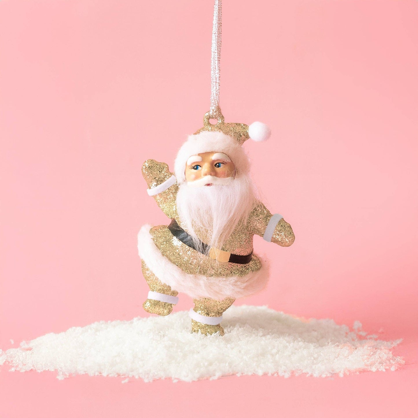 Retro Glitter Dancing Santa Ornament | Gold Sparkle