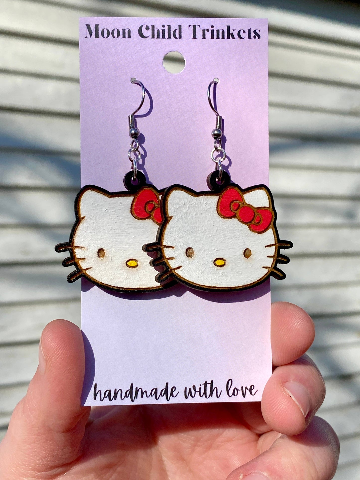 Hello Kitty Hand Painted Wood Dangle Earrings