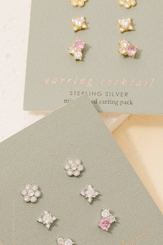 3 Pair Sterling Silver Cz Pave Stud Earrings Set