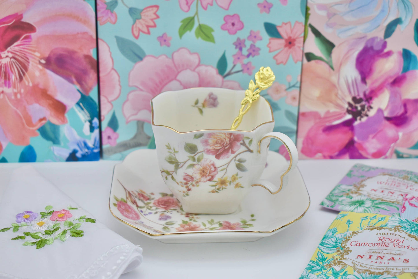 Dainty Romantic White and Pink Floral Teacup and Saucer