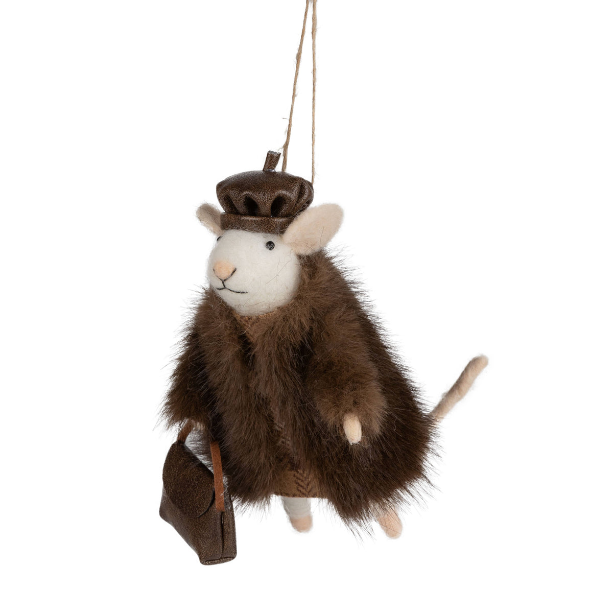 A13725:Felt mouse orn faux fur coat, hbag & beret 5 in