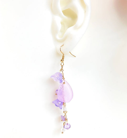 E196 purple flower long dangle drop beads earrings