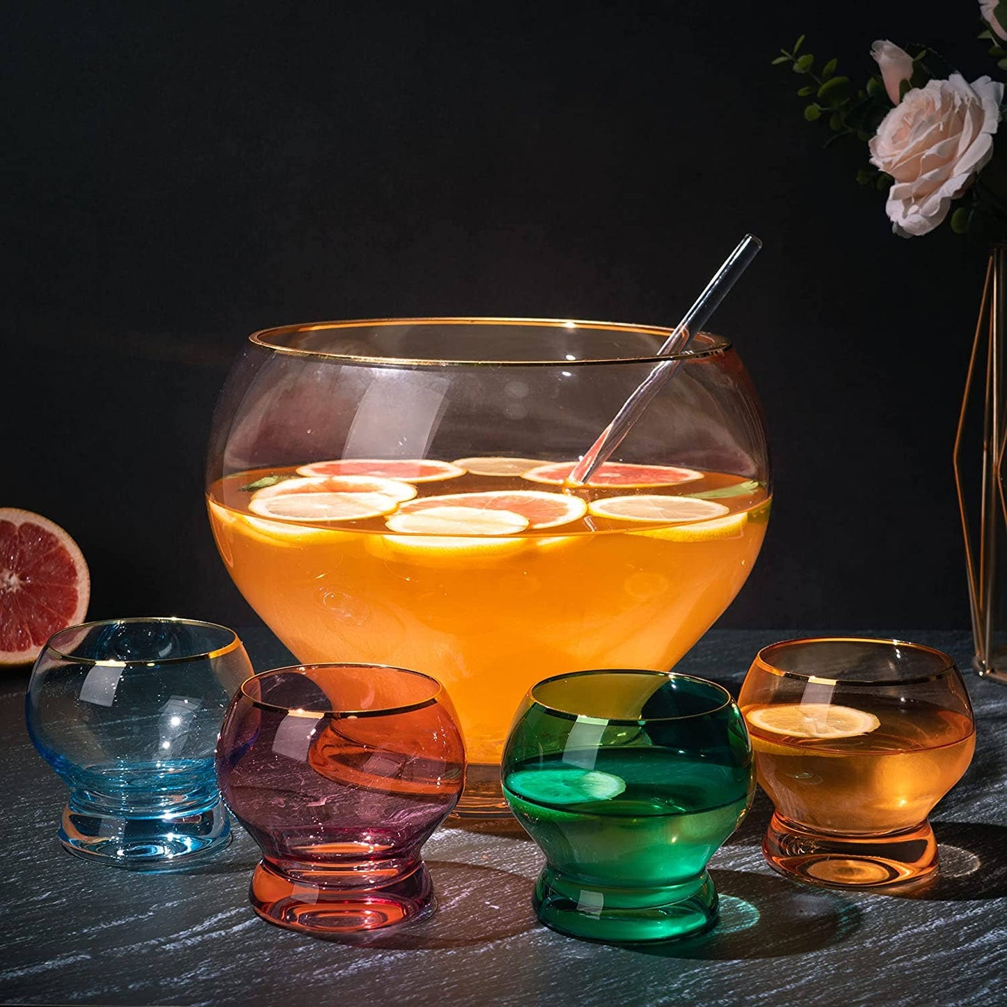 Colorful 3 Gallon Punch Bowl with 4 10oz Glasses Set & Ladle