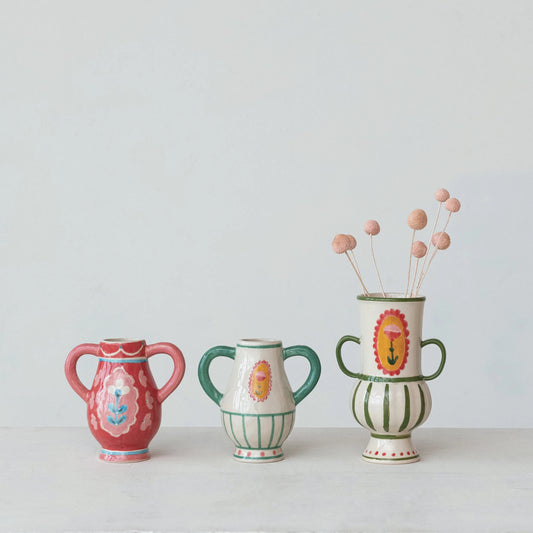 Hand-Painted Stoneware Urn w/ Flower & Handles, 2 Styles ©