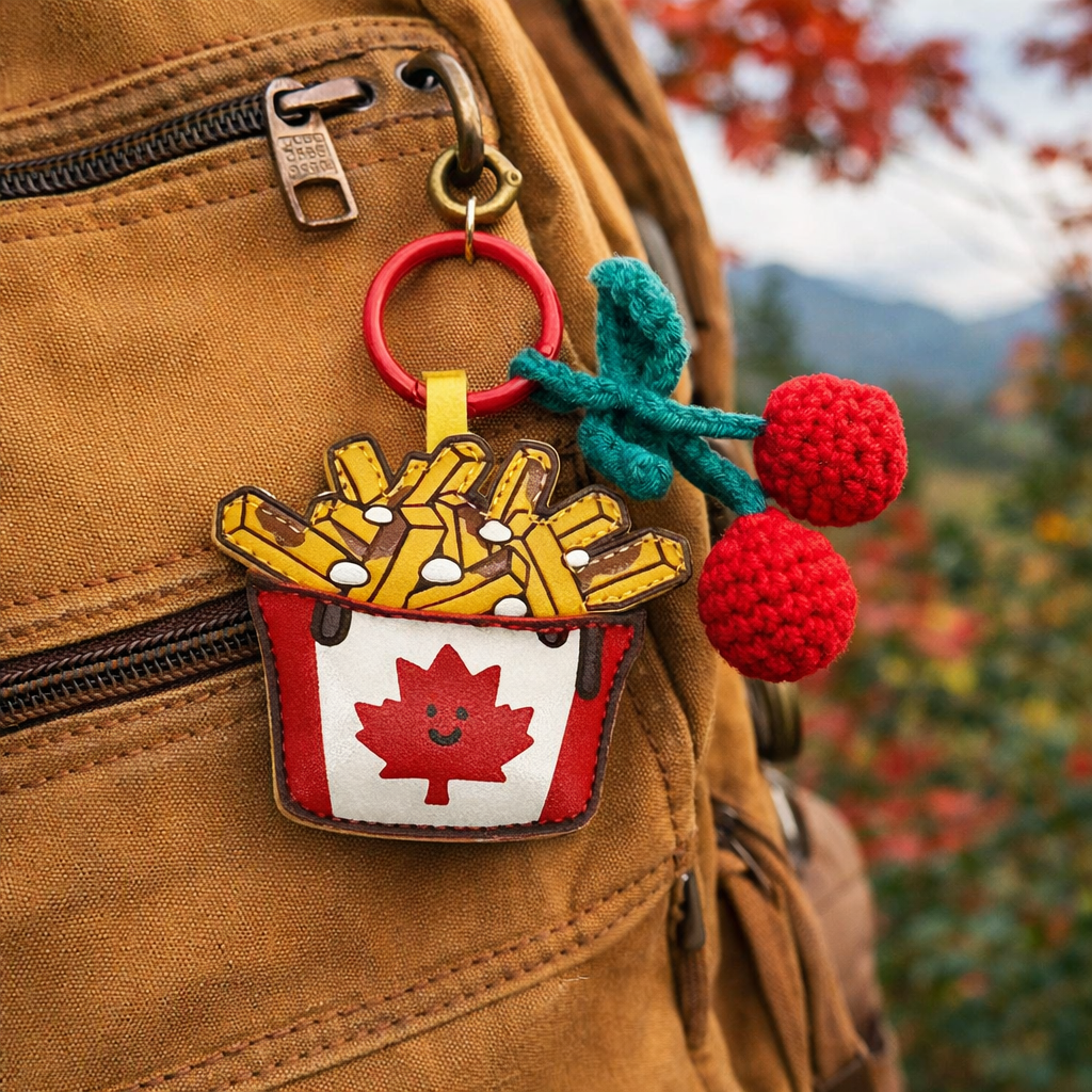 Leather Poutine Bag Charm with Crochet Cherries Canada Foodie Souvenir Gift Keychain
