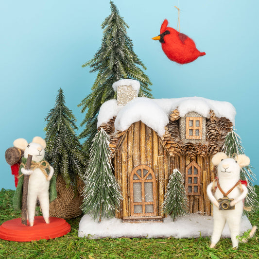 Felt Mouse Ornament:  Felt hiking mouse with green backpack & walk stick