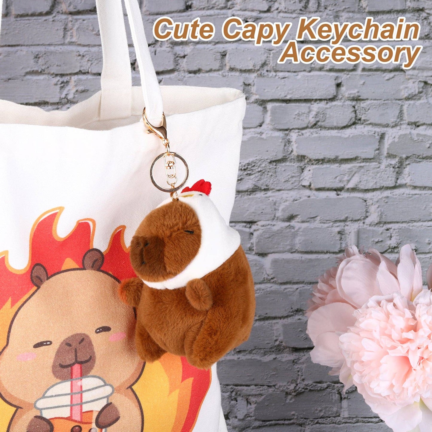 Capybara Chicken Hat Plush Keychain