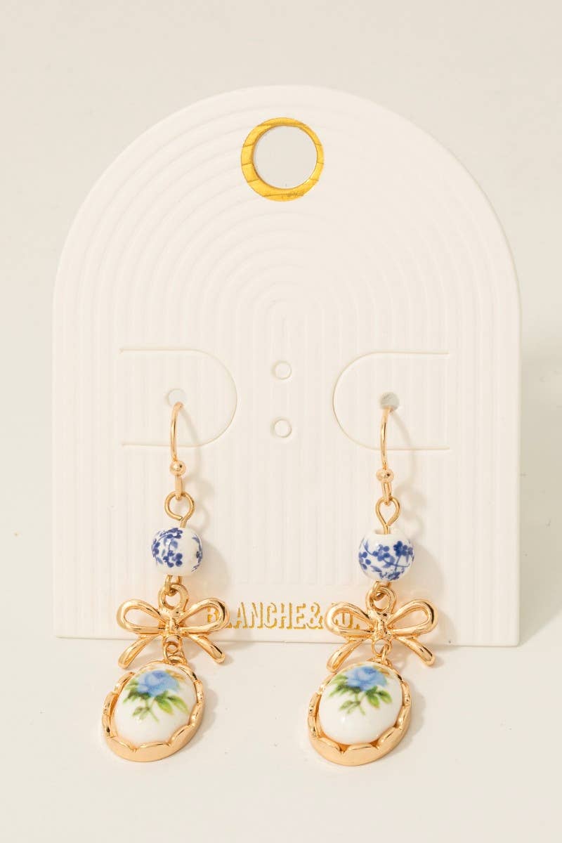 Bow And Floral Ceramic Charms Dangle Earrings