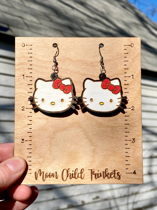 Hello Kitty Hand Painted Wood Dangle Earrings