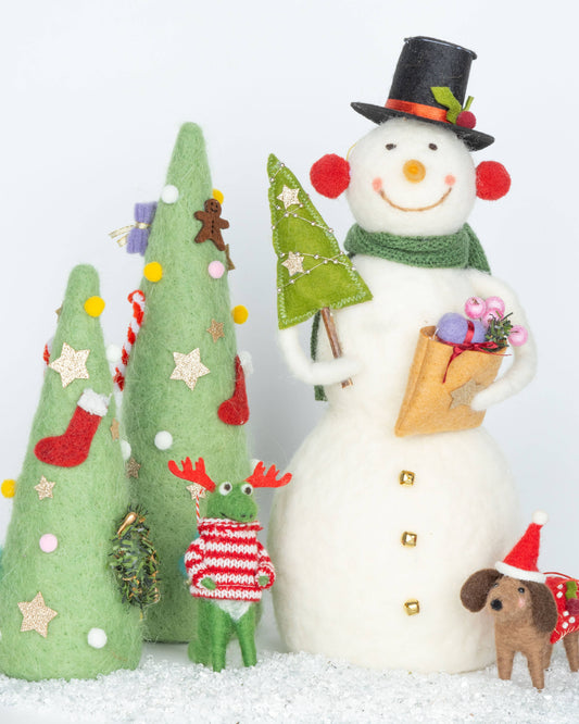 Felt Ornament : Green Dinosaur with antler and red/white stripe sweater