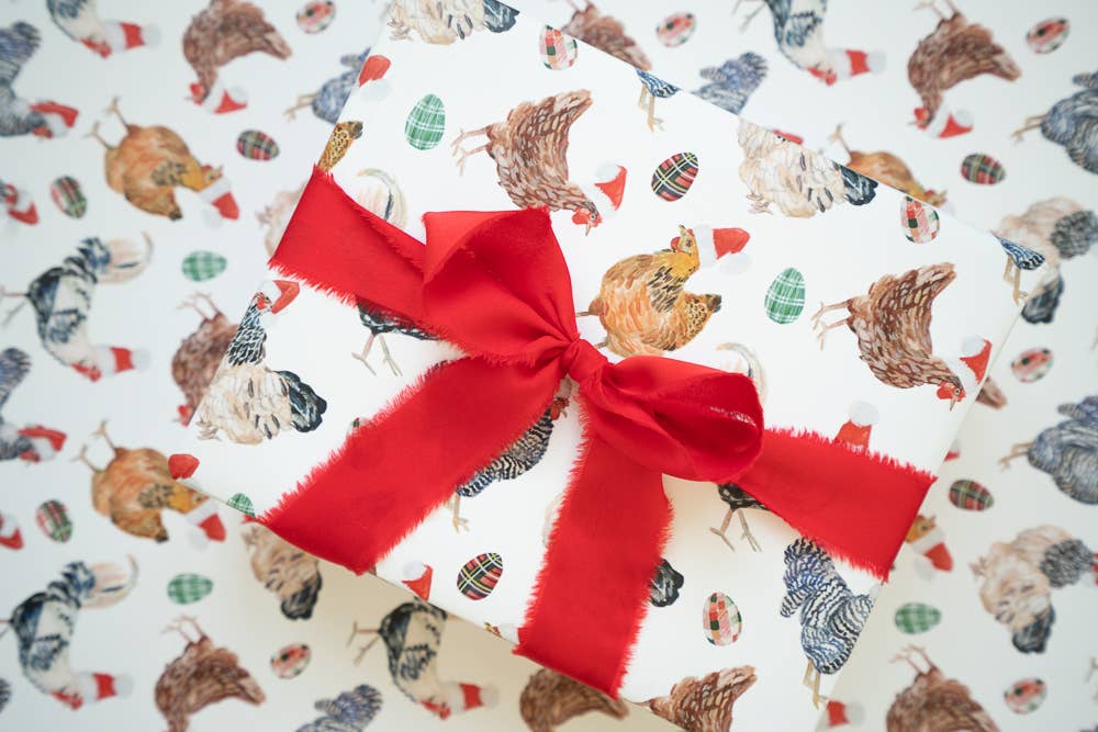Christmas Chickens in Santa Hats Single Sheet Gift Wrap