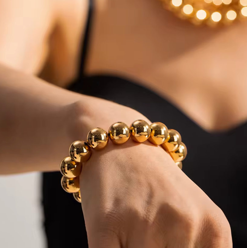 Gold Beads Bracelets- Bigger-14K Gold Steel Stretch