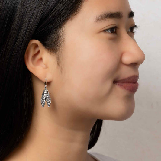 Sterling Silver Cicada Dangle Earrings 36x12mm