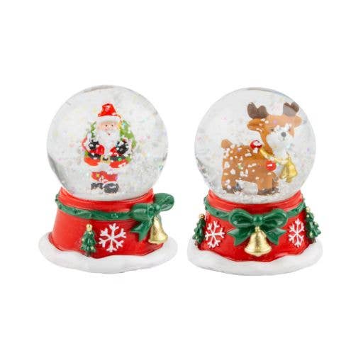 A29725:2 Asst'd Santa,reindeer snow globes,red base 2.5in