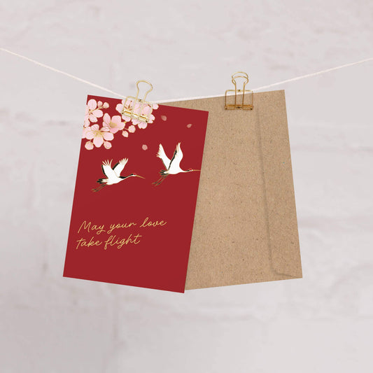 Love Take Flight Asian Wedding Cards | Red Ornate Chinese Vietnamese Greeting