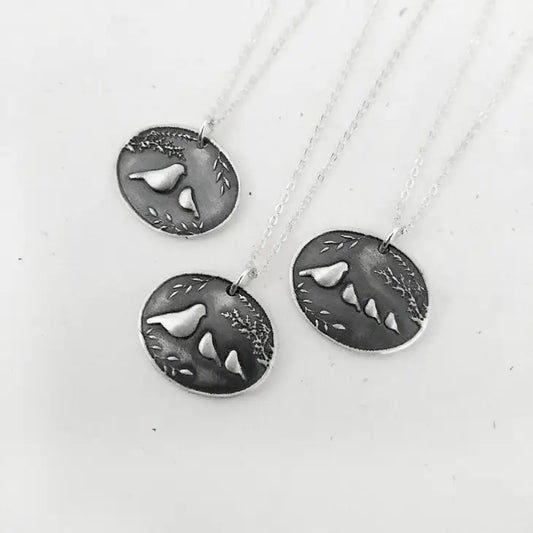 Bird Family with 1-3 Baby Birds Floral Charm On Plated Chain