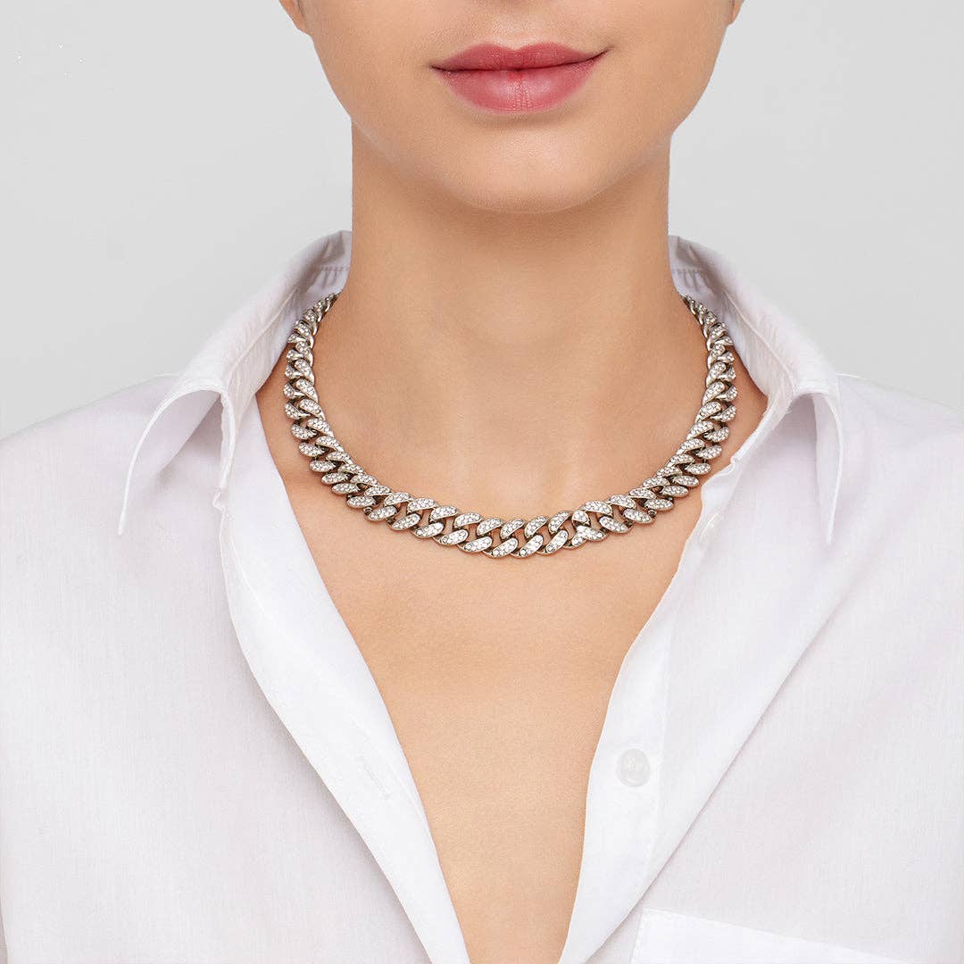 Flat Curb CZ Chain Necklace silver