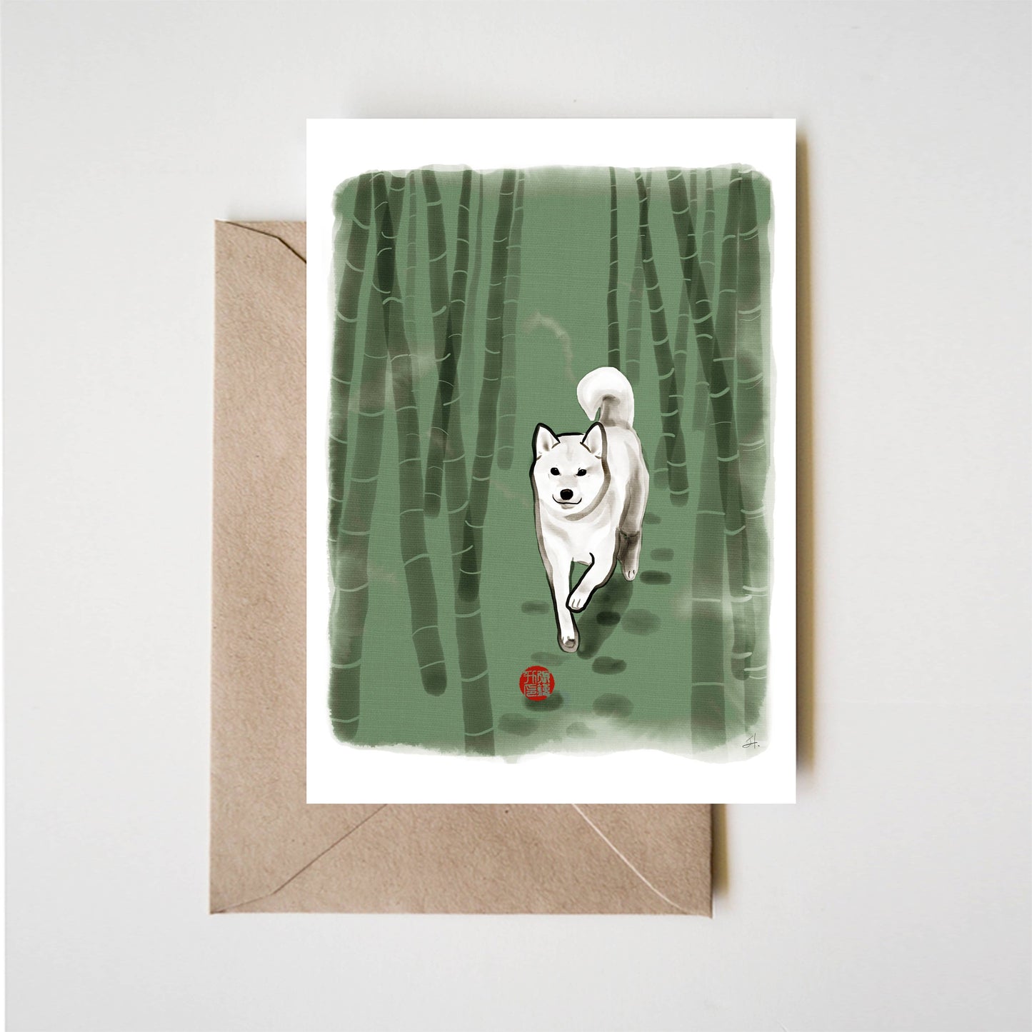 Bamboo Forest White Shiba Inu Greeting Card, Sumi ink Dog